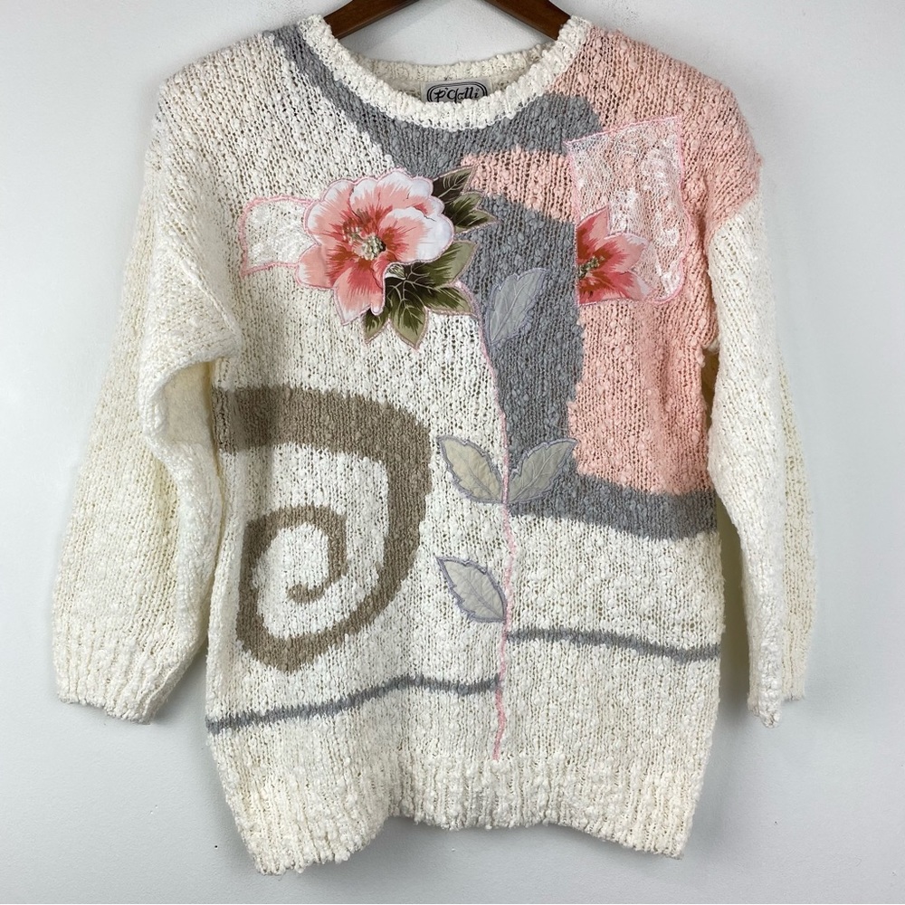 Vintage 80s P’galli size Small Women’s Pink Floral Chunky Knit Sweater